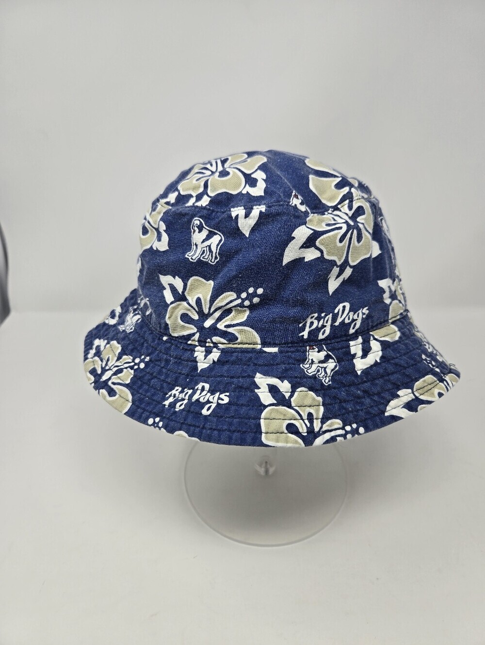 VINTAGE BIG DOG NAVY BLUE CREAM TROPICAL REVERSIBLE BUCKET HAT WOMEN OS 1990S